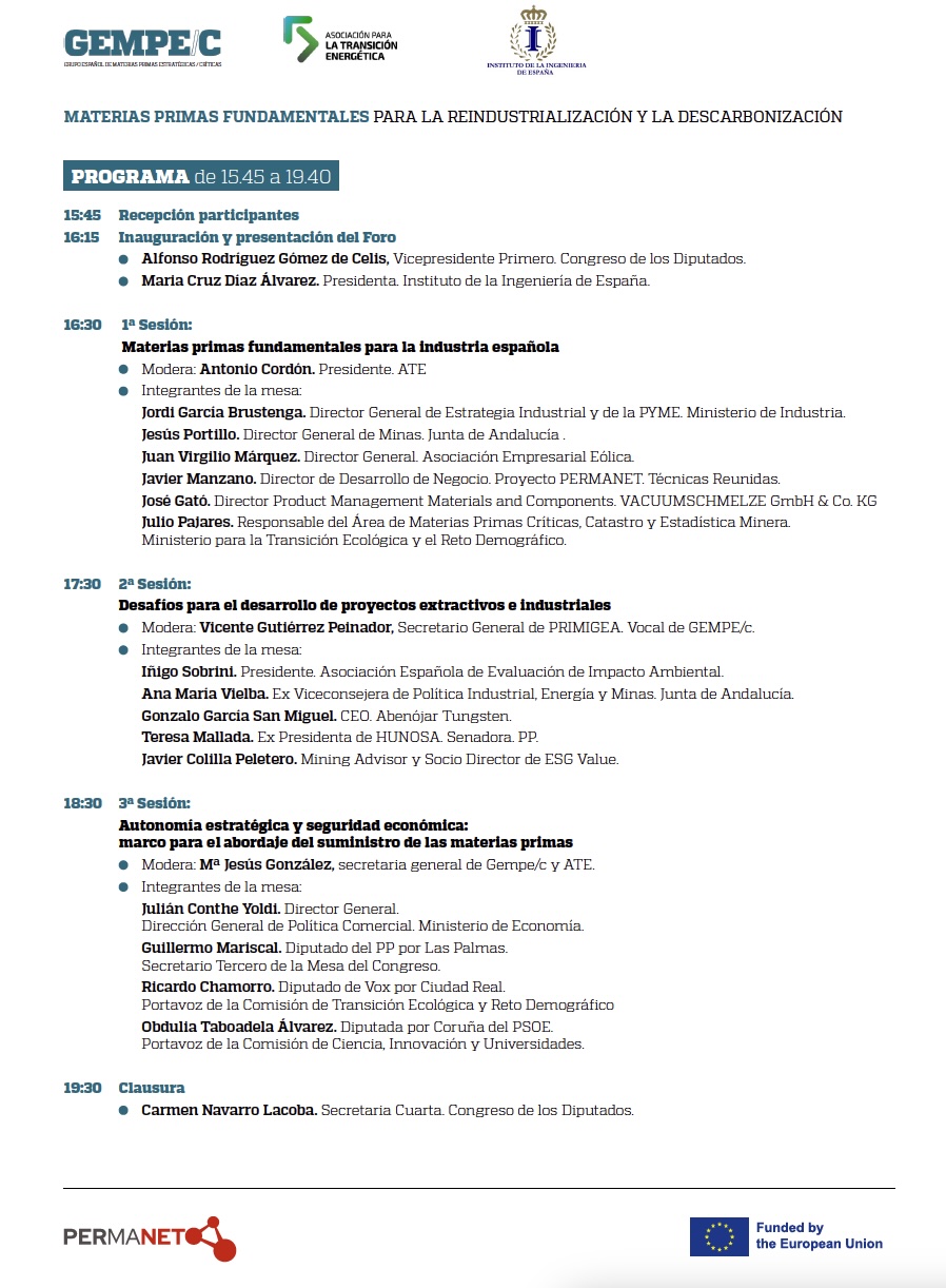 El Congreso de los Diputados acogió un foro sobre Materias Primas Fundamentales para la Reindustralización y la Descarbonización Programa Gempe Congreso Diputados